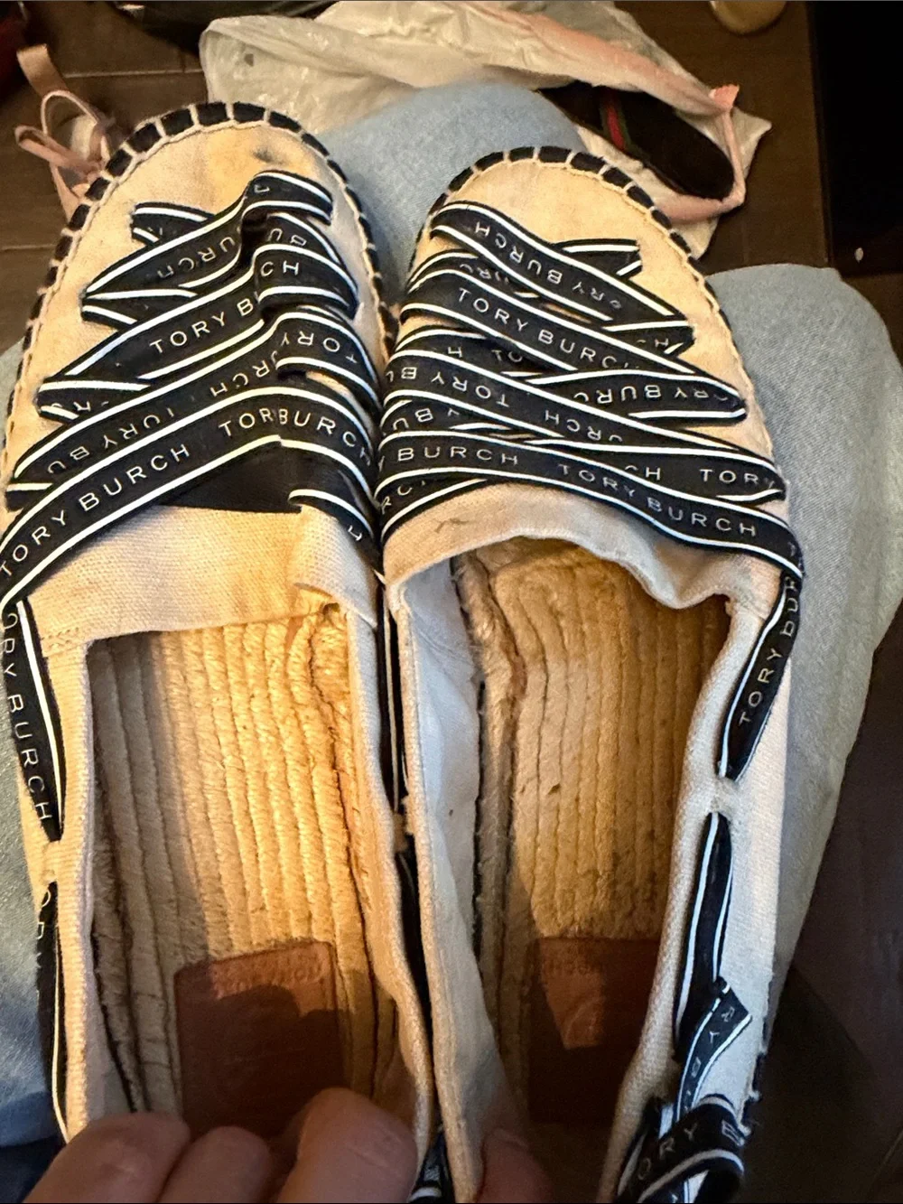 Tory Burch Beige Canvas Espadrille Slip-Ons with Black Logo Ribbon